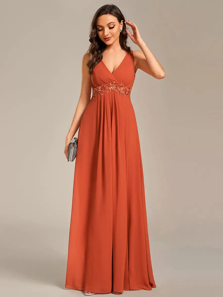 Elegant Evening Dresses V Neck Appliques Ruched Sleeveless Appliques 2024 Ever pretty of A-Line  Burnt Orange Bridesmaid dress