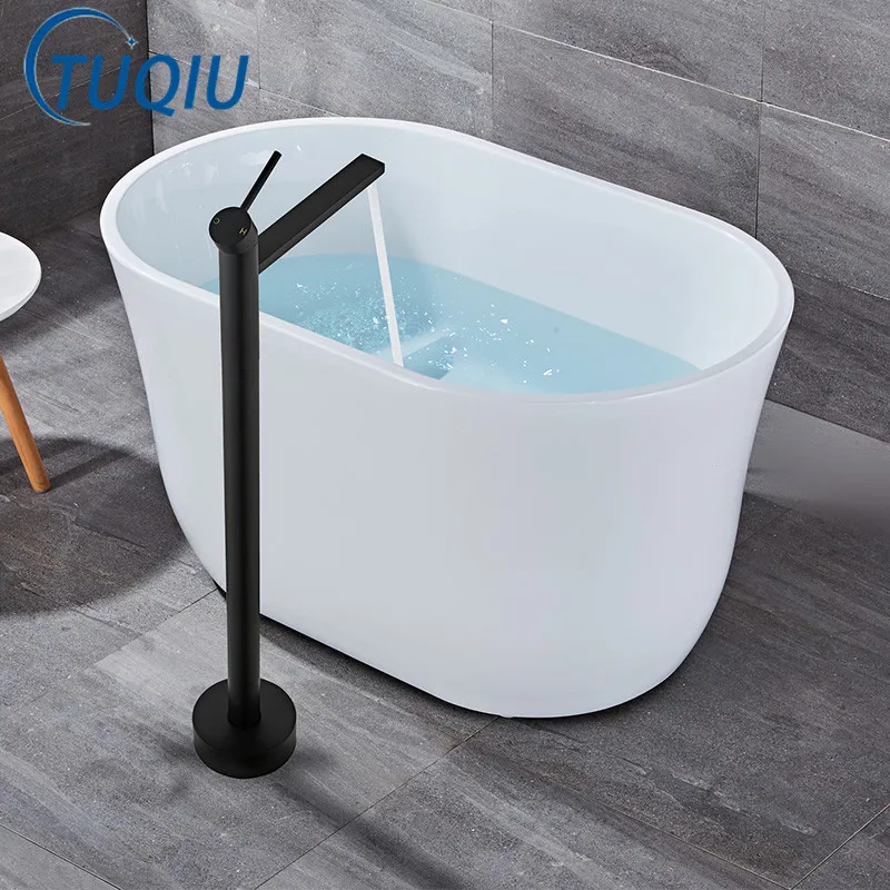 Tuqiu Black Bathtub Faucet Floor Stand White Tall Basin Faucet 360 Rotation Spout with Handshower Head Bath Mixer