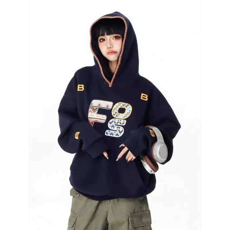 Navy letter printed sweatshirt 2024 new couple fashion retro trend loose and simple y2k street sports casual hooded top hot sale