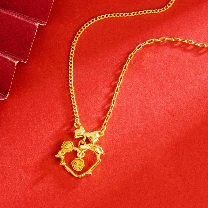 

Heart-beating Rose Flower Vine Gold Necklace for Women, Heart Bow Chain Necklace Gift for Girlfriend Jewelry