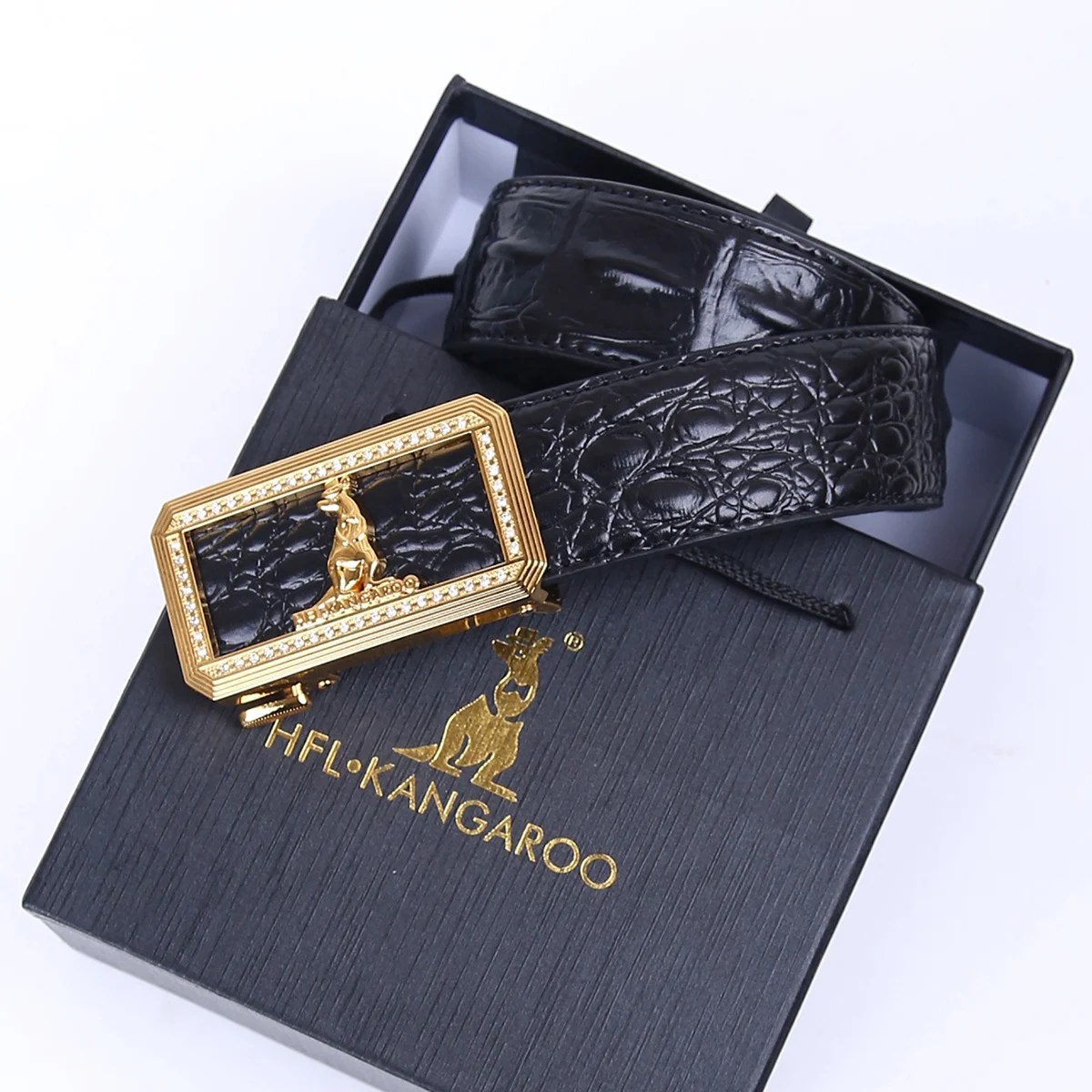 Luxury Gold Plated Rhinestone Automatic Buckle Mens Croc Embossed Pu Leather Belt Elegant Dress Belt Fathers Day Premium Present