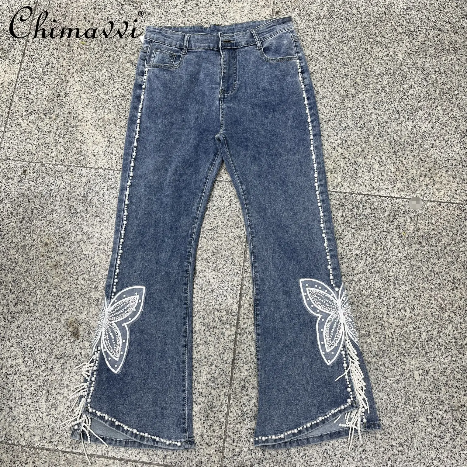 

2026 Summer Fashion Trend Casual Heavy Industry Butterfly Embroidery Pearl Tassel High Waist Split Denim Pants Women Flare Jeans