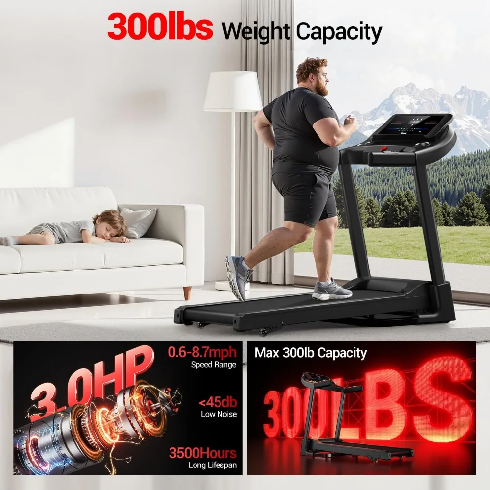 جهاز سير مائل قابل للطي للاستخدام المنزلي مع أجهزة استشعار النبض، محرك هادئ 3.0 حصان، يدعم ما يصل إلى 300 رطل، متوفر باللون الأسود أو Gra