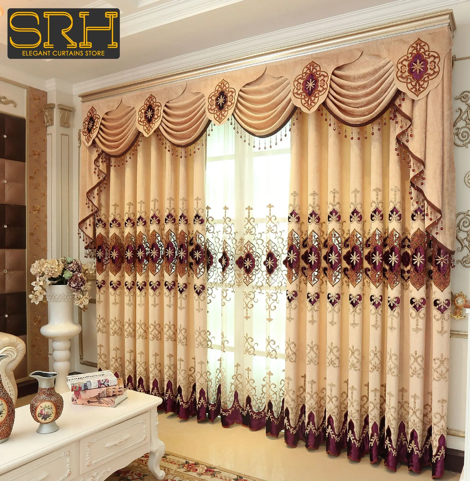 

European Hollowed Water-soluble Embroidery Curtain for Bedroom Living Room Beige Velvet Fabric Custom Elegant New Tulle Valance