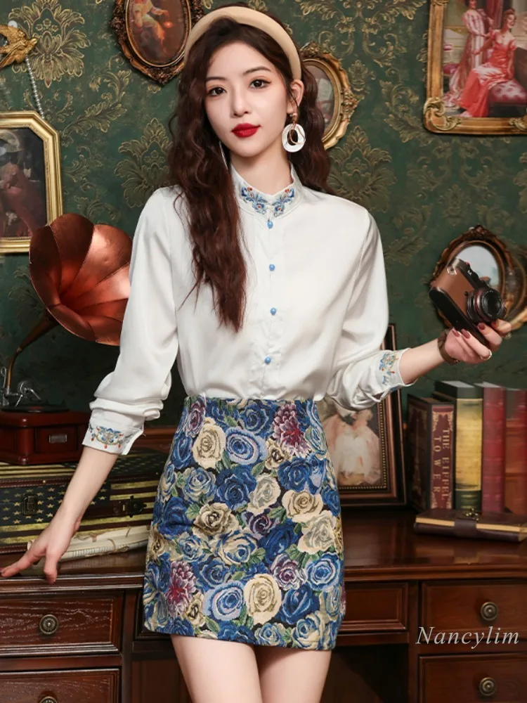 New Chinese Style Short Skirts Sets 2 Piece Suit 2024 Spring Embroidery Shirt New High Sense Matching Horse-Face Skirt