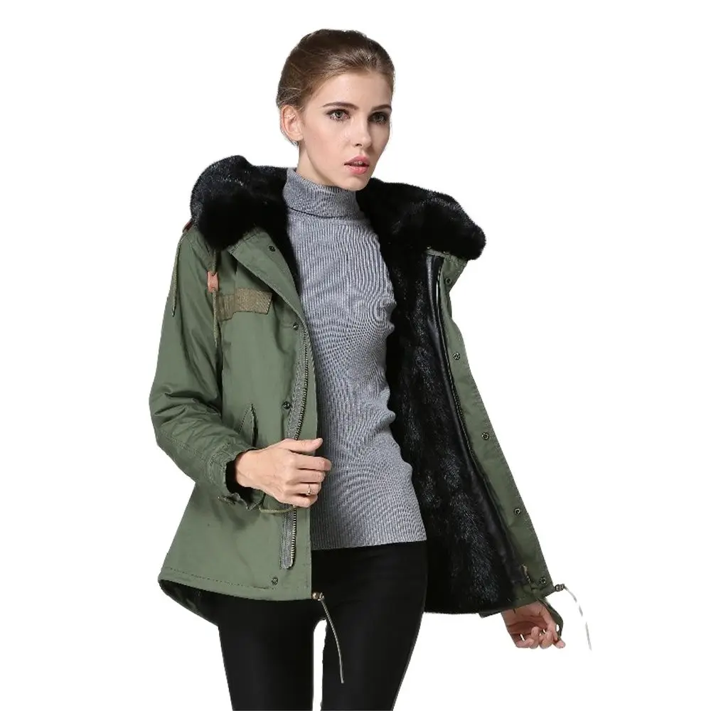 New Fashion Women Popular Mink Fur Parka Black Fur Lined Overcoat With Real Mink Fur Collar