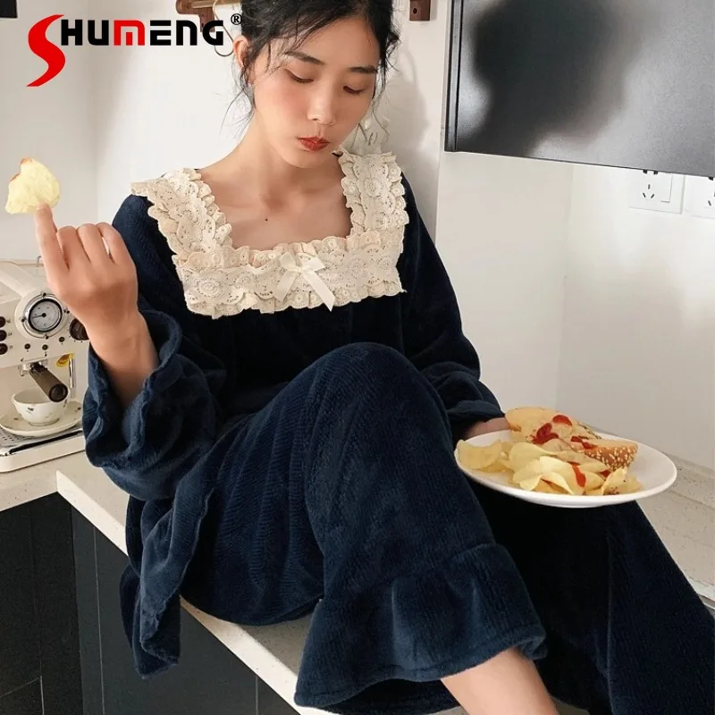 

Autumn Winter French Style Fleece Homewear Women's Square Collar Lace Pajama Sets Female Spring Loungewear Two Piece Suit