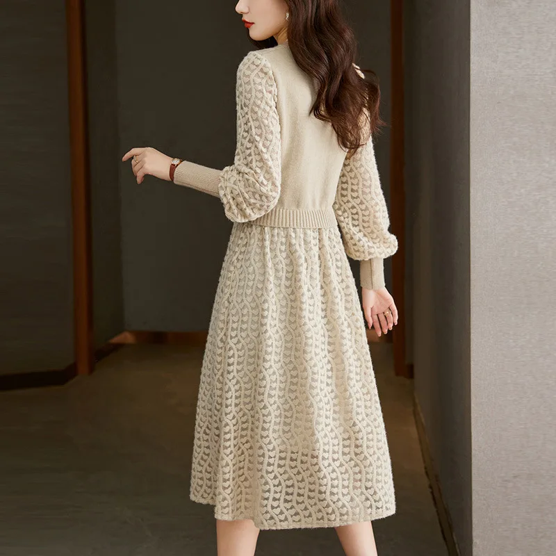 Temperament celebrity knitted dress 2024 autumn and winter new fashion lantern sleeves fake two long sweater skirt