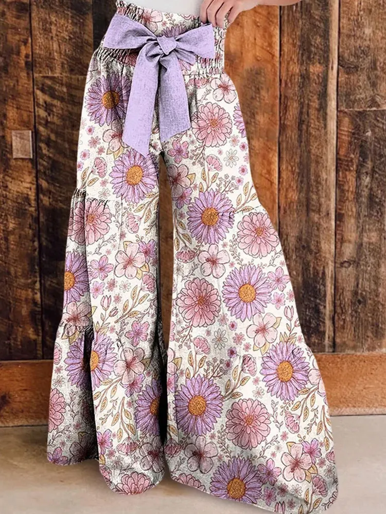 

Vintage Romantic Flowers Print Tiered Palazzo Pants