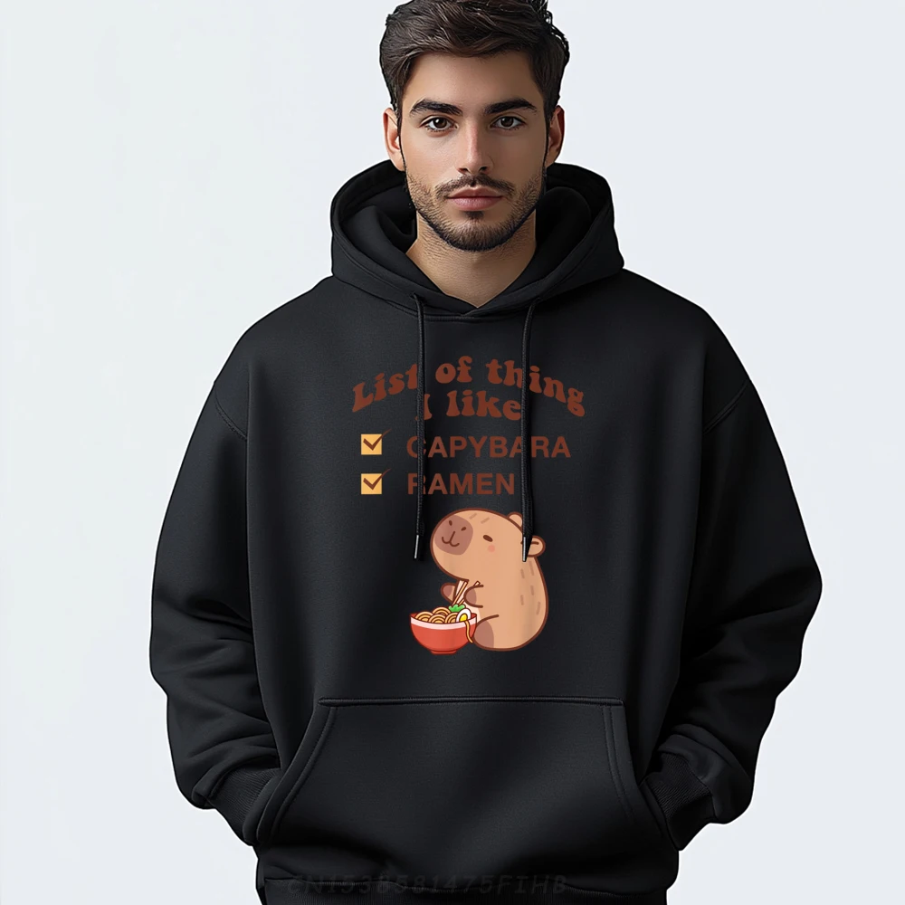 

Cute Kawaii Capybara List Of Things I Like Ramen Lover Blank Hoodies 100℅ Polyester Fiber Hoodies Men Printed