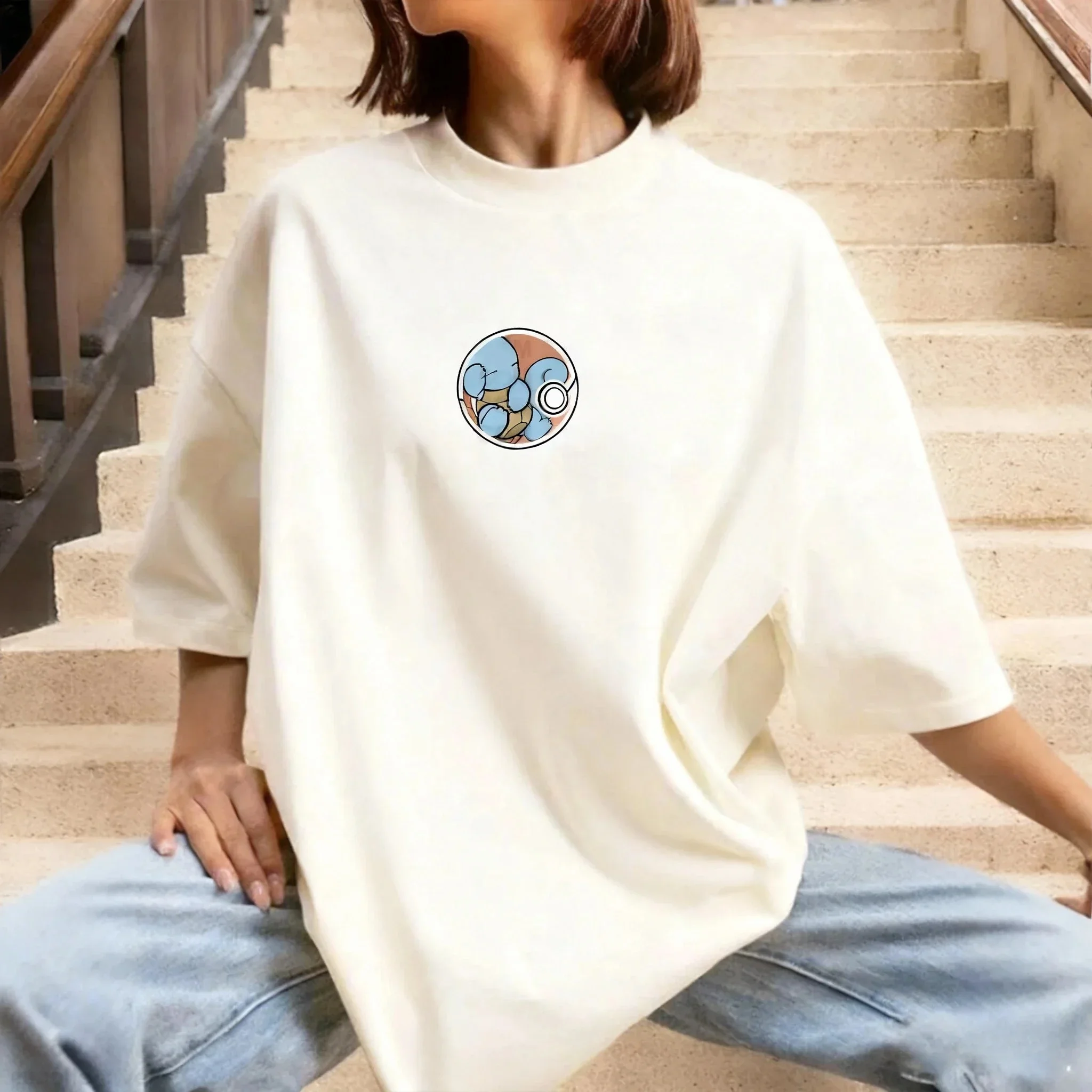 Pokémon Squirtle Graphic T-shirt Cotton O-neck Short Sleeve Double Sided Print Oversized Japanese Ukiyo Style Casual Summer Tops