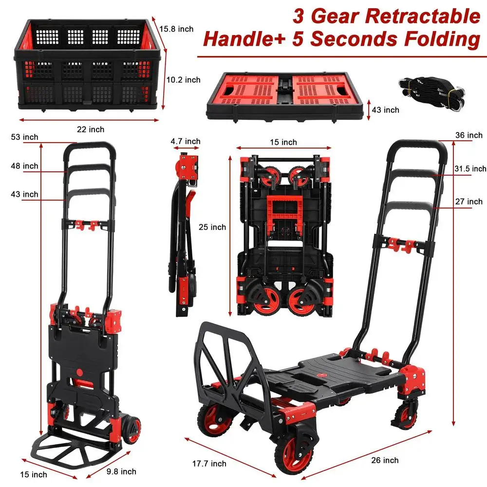 2-in-1 Folding Hand Truck Dolly with Foldable Basket 330LB Platform Cart Utility Cart W/Adjustable Handle & 2 Elastic Ropes