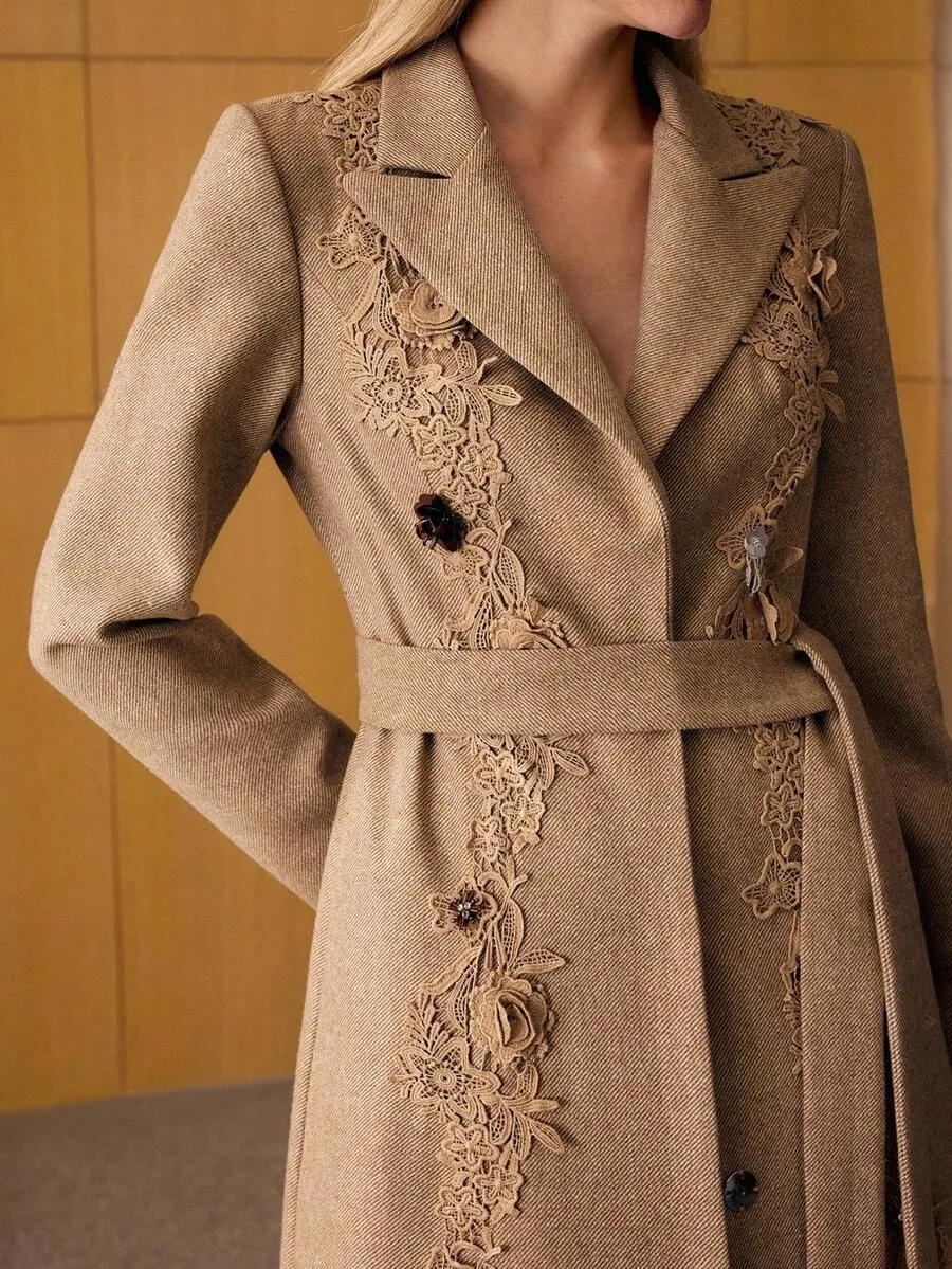 Elegant Women's Formal Dresses Suit Gowns Appliques Lace Long Over Jacket Coat For Female with Belt Single-Breasted Customized