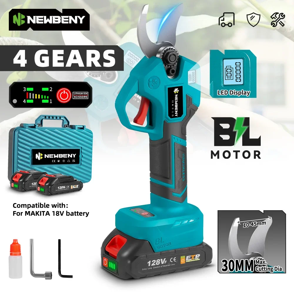 מספריים חשמליות ללא מברשת NEWBENY עם 4 הילוכים, מספריים חשמליות לגינה ולבונסאי, כלי עבודה חשמליים למקיטה עם סוללת 18V