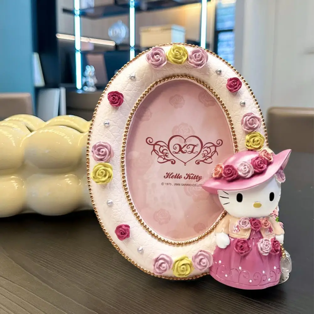 19cm Sanrio Pink dress Hello kitty resin ellipse Photo frame Rose border Desktop decoration Valentine Day Gift birthday present