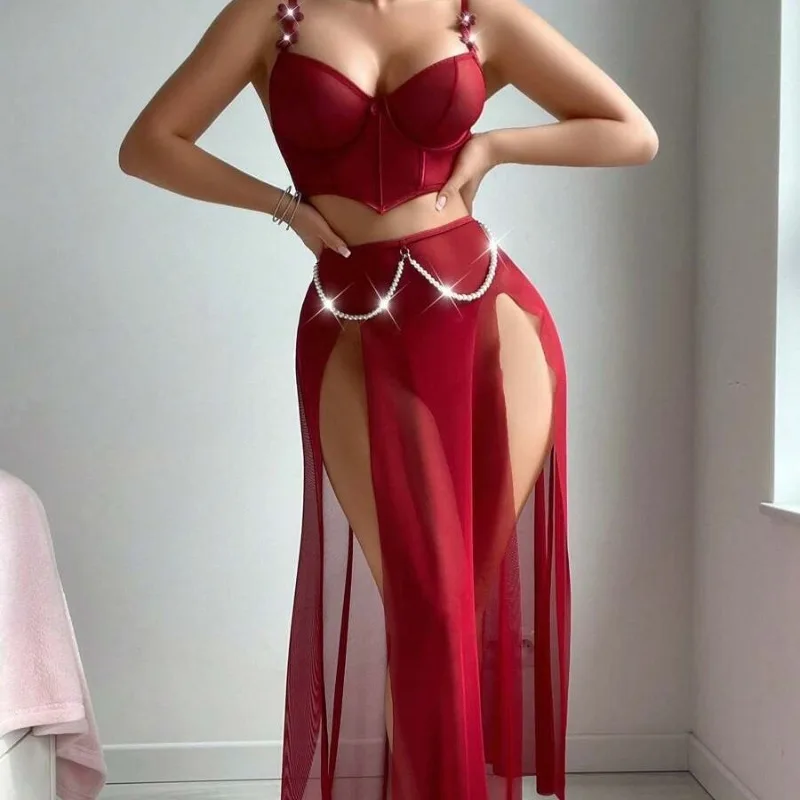 

Боди из прозрачной сетки с акцентами на жемчужной цепочке, нижнее белье для женщин, дразнящая прозрачная тюлевая юбка и цепочка, праздничный наряд