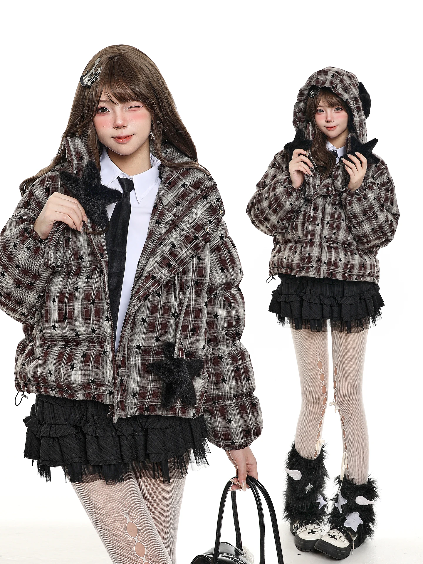 American Style Plaid Hooded Jacket Women's Thickened Casual Cotton Coat Winter New Arrival Short Length Zipper Closure