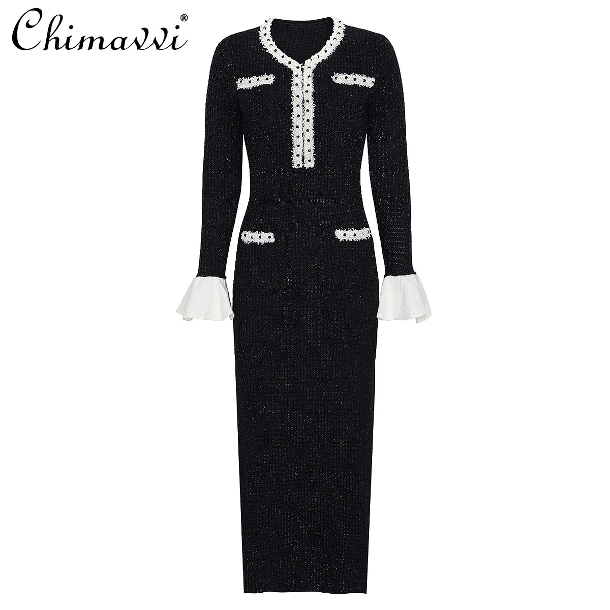 

Новое модное женское платье из трикотажа с бисером на весну-осень 2026 года, элегантное офисное платье с оборками и длинными рукавами для женщин