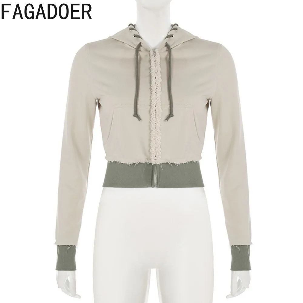 FAGADOER Autumn New Casual Sporty 2 Piece Sets Outfit Women Color Patchwork Drawstring Hoodies Jacket and Flare Pants Suits