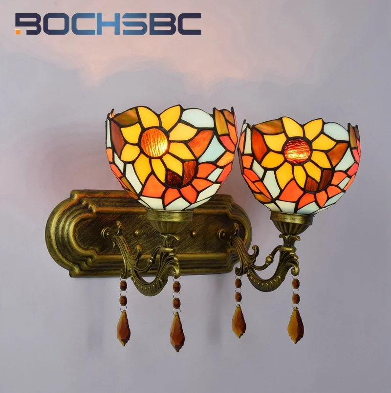 BOCHSBC Tiffany style stained glass retro sunflower double head crystal wall lamp Dining room bedroom headboard aisle LED decor