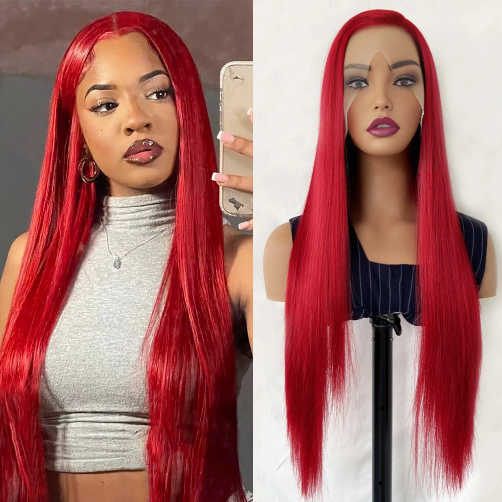 

Красные прямые синтетические волосы, ярко-красные шелковые прямые парики спереди, кружевные передние парики для женщин, косплей, одежда для макияжа, теплое волокно, красные волосы