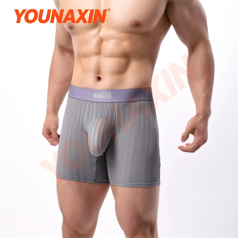 5 Pieces Men's Ice Silk Boxer Briefs Breathable Long Leg Indoor Yoga Fitness Athletic Running Underwear M L XL 2XL YOUNAXIN