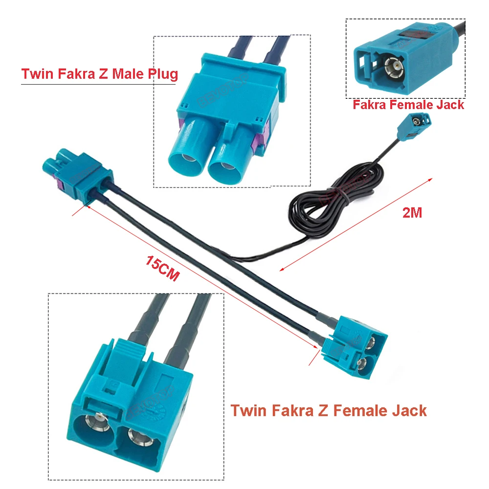 BEVOTOP Twin Fakra Z Male Female to Fakra Z 15CM + 2M Splitter cables With Diode Custom-made RF Coaxial Cable Junper