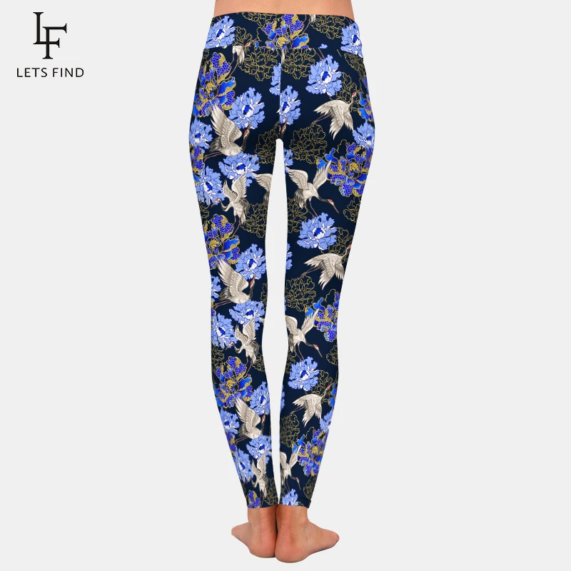 LETSFIND Fashion High Waist Fitness Leggings Beautiful White Crane and Peony Print Women Elastic Leggings