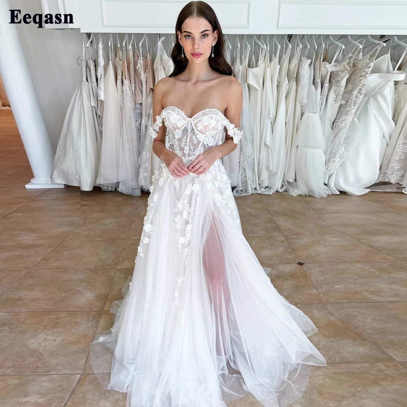 

Eeqasn High Side Split Boho Wedding Dresses Pff The Shoulder A-Line Sweetheart Appliques Lace Wedding Gowns Bohemia Bridal Dress