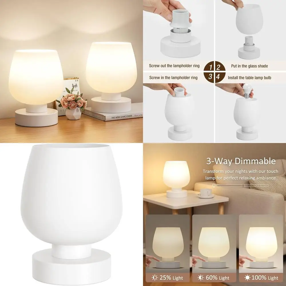 

2-Piece Touch Bedside Table Lamp Set - Small LED Desk Lamps for Bedroom, Living Room, and Nightstands with White Glass Shades, 3