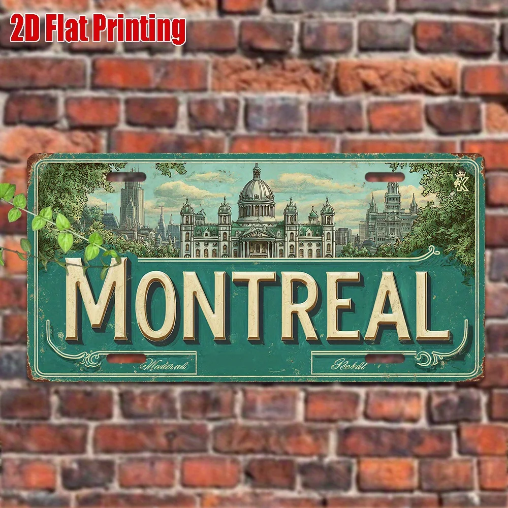 Vintage Montreal Canada Cityscape License Plate 2D Flat Aluminum Tin Sign Wall Art Decor for Garage Bar Man Cave and Car Fron