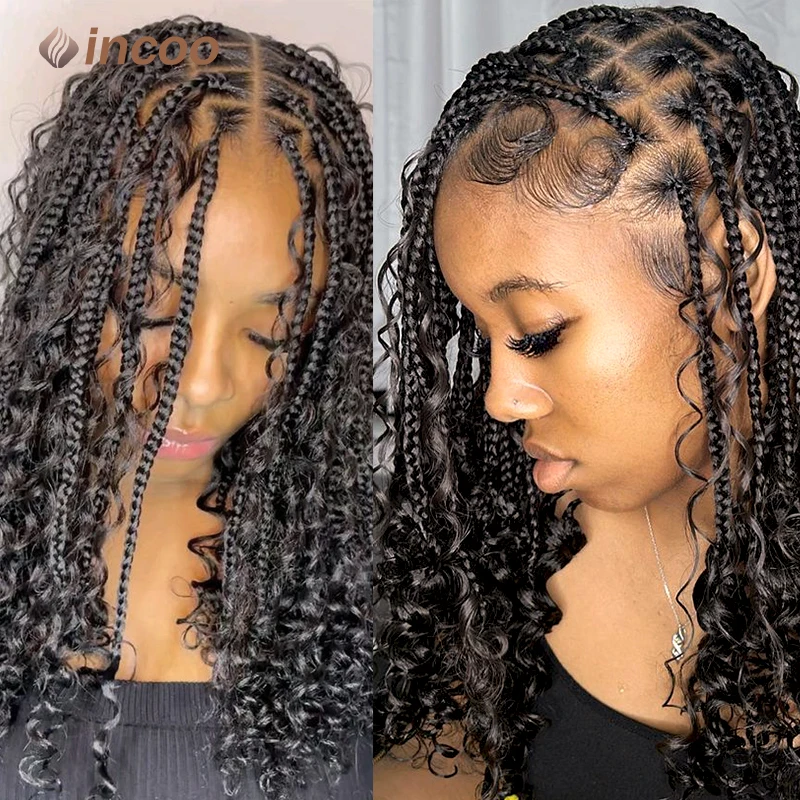 Incoo 12" Synthetic Bohemian Wig Knotless Box Braided Wigs Full Lace Front With Curly Ends Jumbo Braids For Black Women Boho Bob