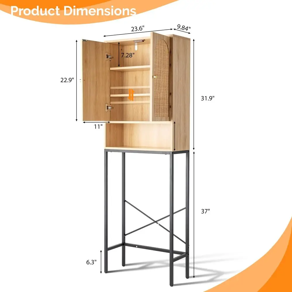 

Over The Toilet Storage Cabinet, Rattan Bathroom Organizer Behind Toilet,Above Metal Stand Rack Tall Freestanding Wood Cabinet