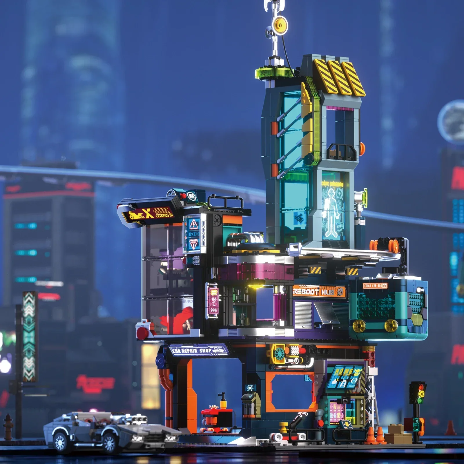 2098pcs Cyber Repair City Mini Building Blocks Future Fantasy Cyberpunk Style Sports Car Repair Workshop Kid Creative  Toys Gift