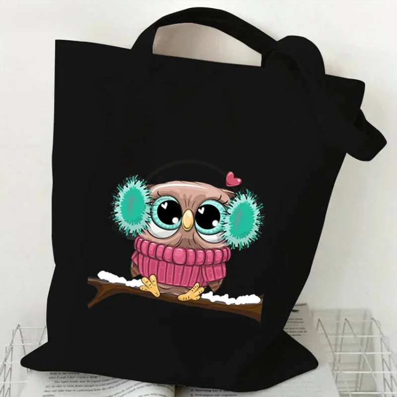 Cartoon Owl  Hand-painted Print Women Handbag Fashion Tote Bag High-capacity Reusable Shopping Bag Kawaii Animal Lady Canvas Bag