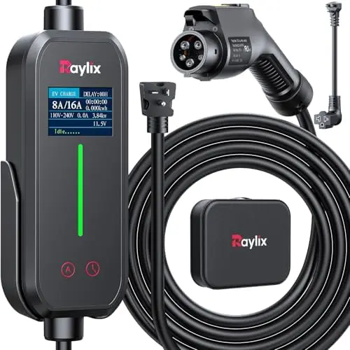 

Модернизированное портативное зарядное устройство для электромобилей 2025 года, регулируемый ток и таймер 8–16 А, 110–240 В, вилки NEMA, кабель 21 футов для всех электромобилей J1772