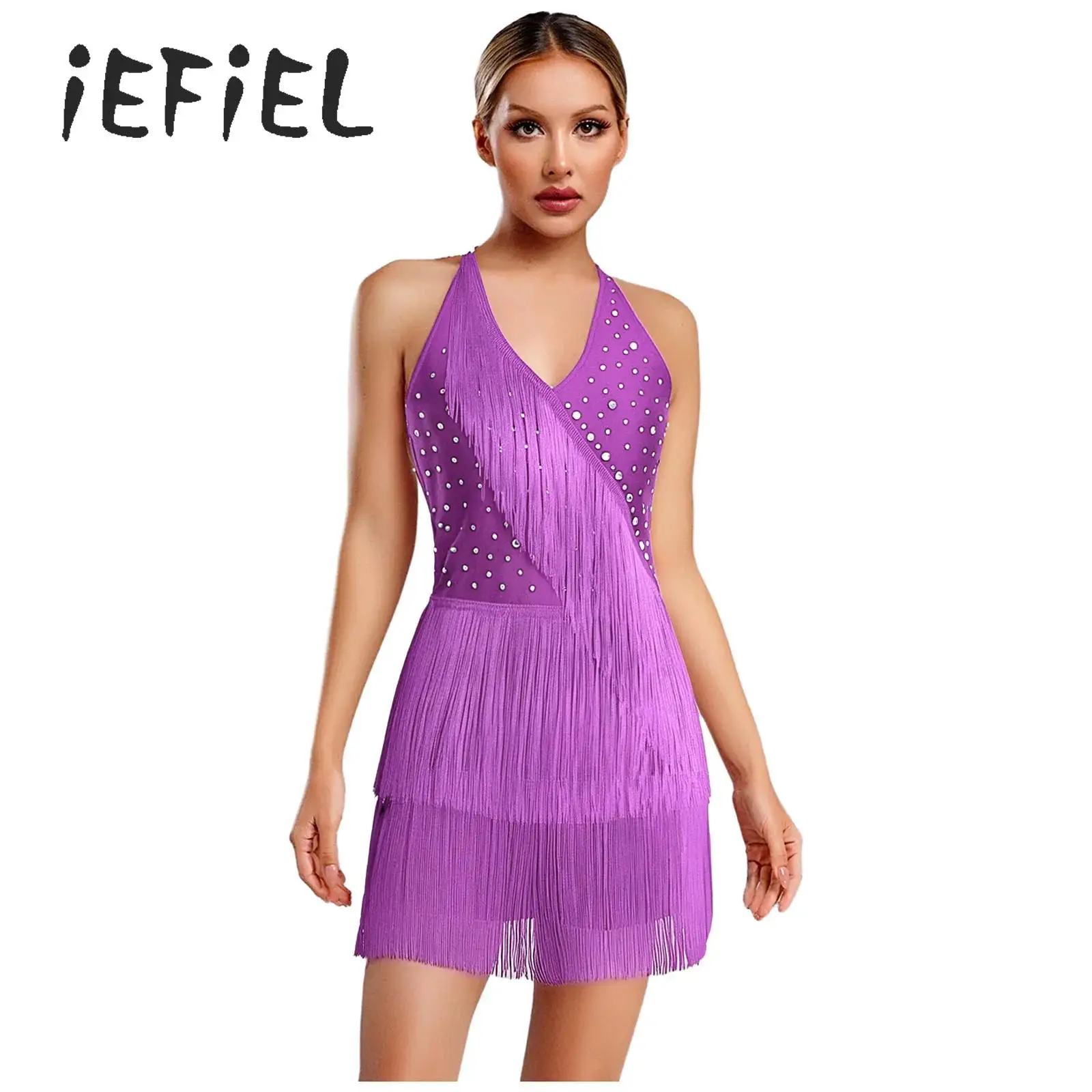 

Womens Tassel Jazz Latin Dance Leotard Performance Costume Rhinestones Backless Fringe Jumpsuit Tango Cha-Cha Salsa Dancewear