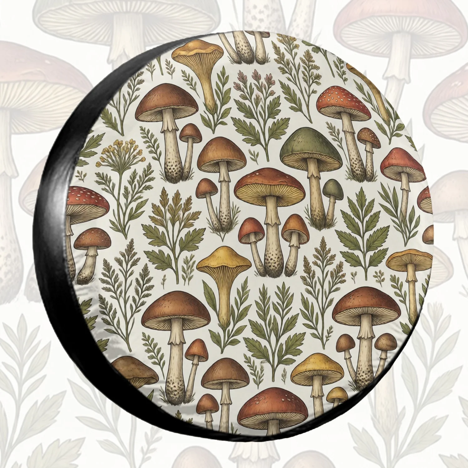 1pc Spare Tire Cover Vintage Botanical Mushroom Wild Foliage Pattern Weatherproof Dustproof Wheel Protectors Universal Wheel Cov