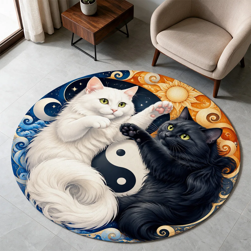 Cute Cat Yin Yang Yoga Mat Pet Lover Gift Round Floor Mat for Living Room Bathroom Decor