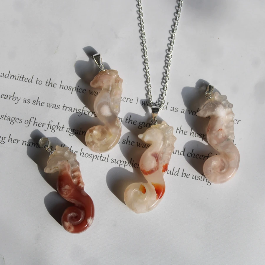 Unit One Piece 925 Silver BUckle Natural Cherry Blossom Agate Crystal Healing Hippocampus japonicus Carving Pendant For Gift