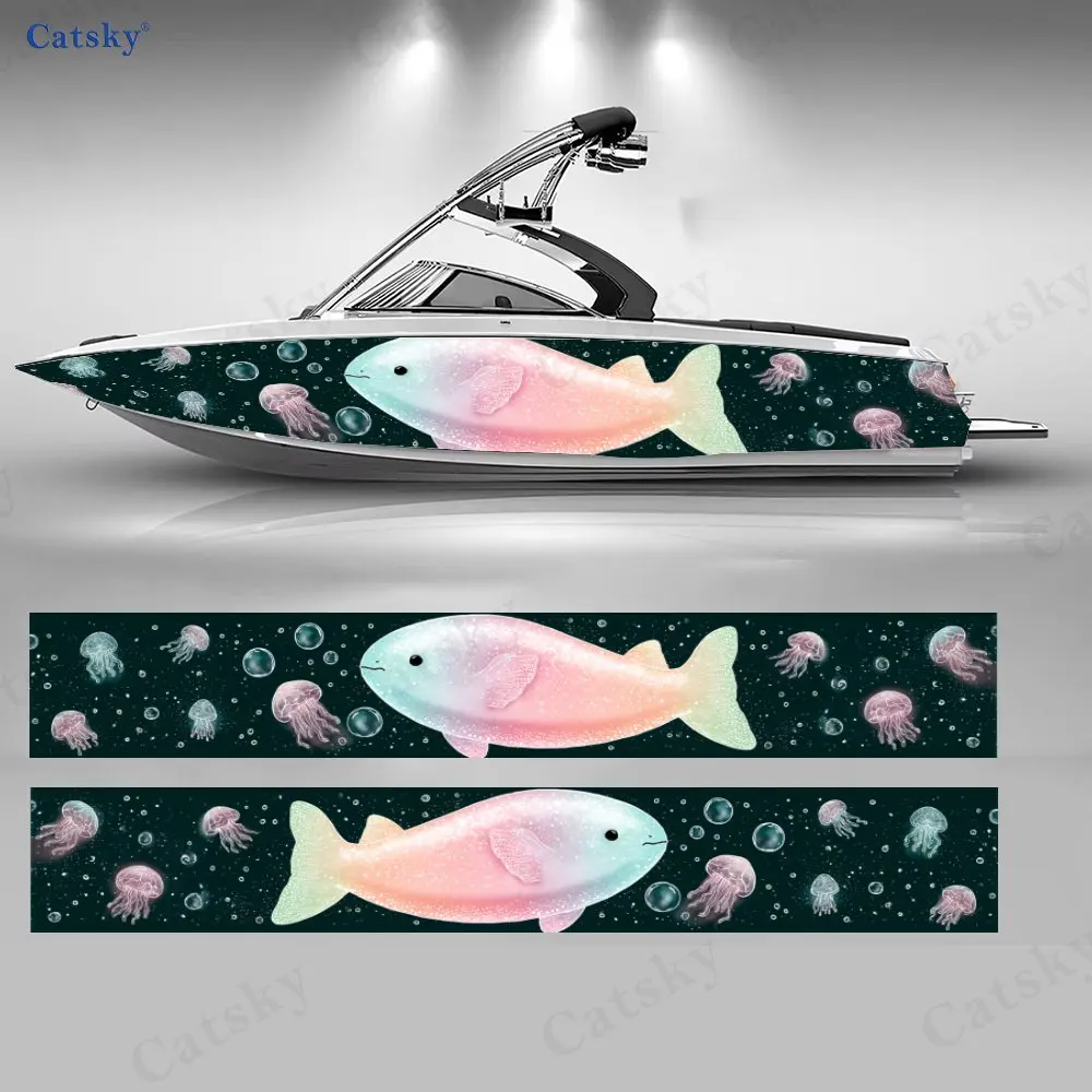 Teal Blue Iridescent Jellyfish Swarm Boat Sticker, PVC Waterproof Vinyl Wrap Decals for Fishing Boat, Durable and Stylish Design