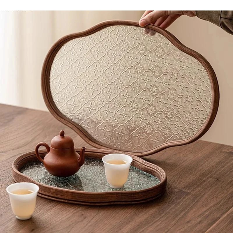 Vintage Glass Bamboo Tea Tray Cake Fruit Dim Sum Crabapple Flower Storage Trays Household Container