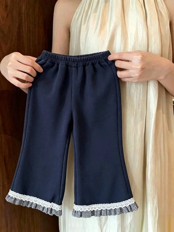 Girls High Waist Lace Trim Micro Flare Pants Slimming Long Trousers Fashionable Base Layer Pants Korean Style Commute Element