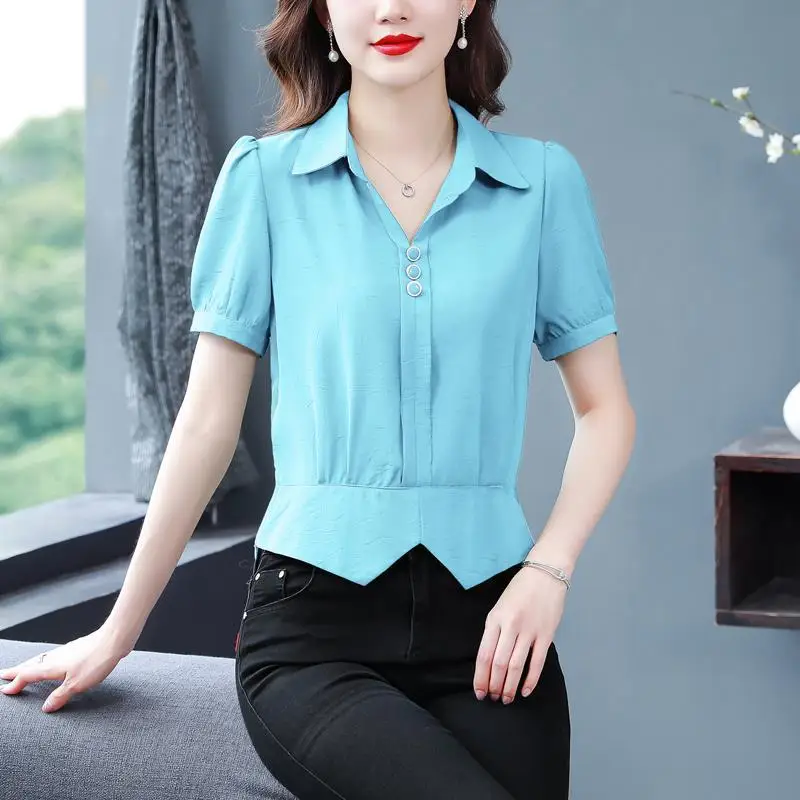 2023 New Solid Color Women\'s Clothing Summer POLO Collar Pleated Draw Back Tops Women Elegant Fashion Casual Chiffon Shirt