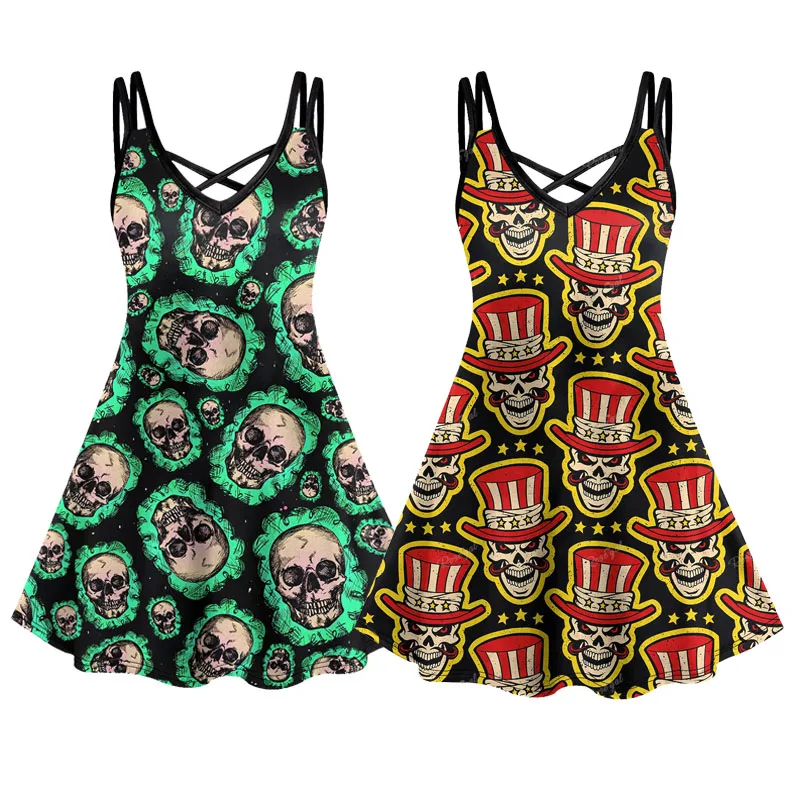 Plus Size Gothic Skull Printed Crisscross Cami Dress Women Summer Halloween Spaghetti Strap Sleeveless Midi Dresses Vestidos 6X