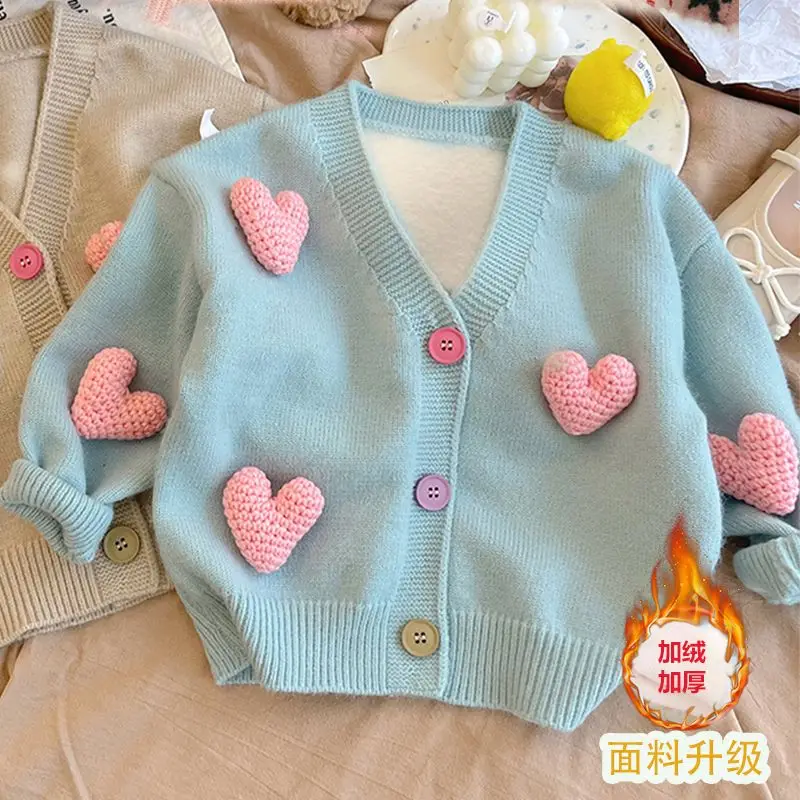 

Kawaii Children's Sweaters Cute Love Decorated Girl's Knitted Cardigan Korean Style Jackets Fashion Autumn Winter Girl Clothes