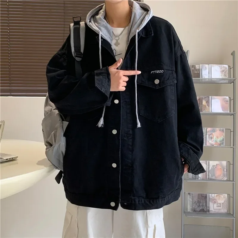 

Men Loose Fit Street wear Versatile All-Match Casual Washed Lapel Jean Coat New Autumn Trendy Korean Fake Two-piece Jacket
