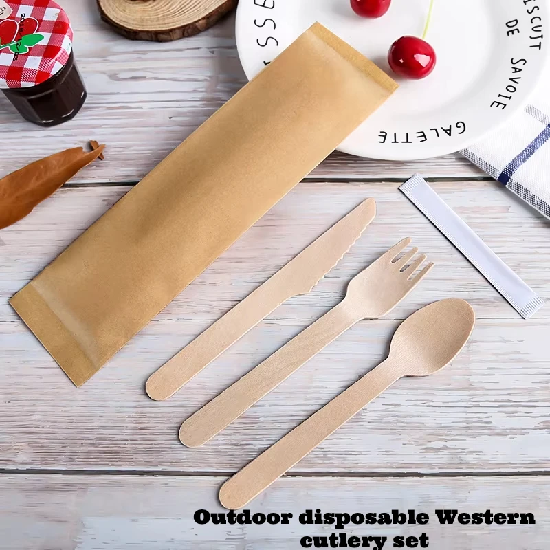 

Outdoor Camping Disposable Four Piece Set Biodegradable Wooden Tableware Western Knife, Fork, Chopstick, Fork, Spoon Set