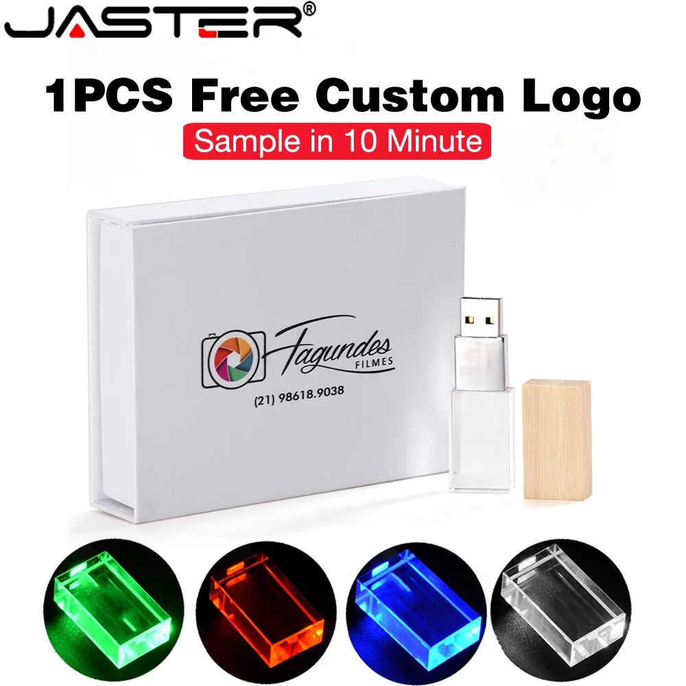 

Blue LED USB 3.0 Flash Drive 128GB Free Custom Logo Memory Stick Color Printing Box Pen Drive 64GB Crystal Pendrive Wedding Gift