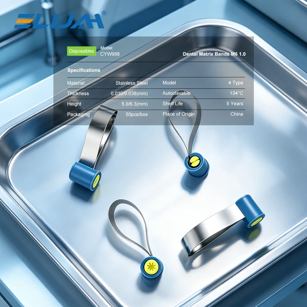 50 unidades de bandas de matriz dental de acero ultrafinas de 0.03mm M6 con curvatura ajustable para reconstrucción de núcleos, relleno de resina y aislamiento dental